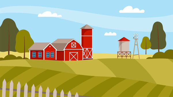 Вид на загородную местность с заросшим полем, амбаром и пастбищами в качестве зеленого ландшафта