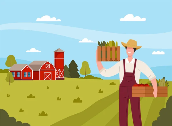 Country View with Man Farmer in Straw Hat Holding Wooden Crate with Ripe Vector Illustration — Stockový vektor