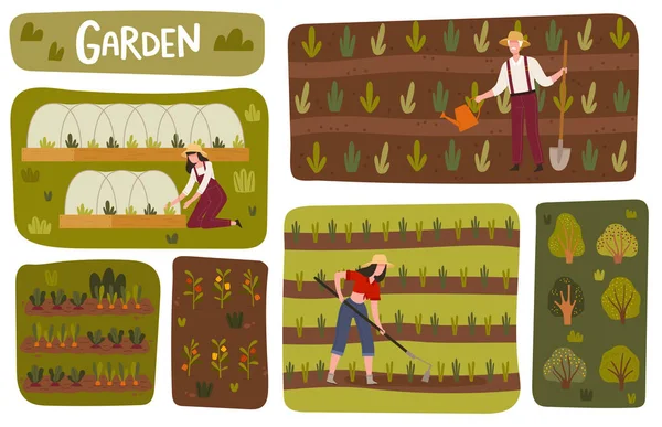 Camas de jardín y huerto con hombre y mujer agricultor en sombrero de paja cultivando suelo y arrancando malas hierbas Vector Illustration Set — Archivo Imágenes Vectoriales