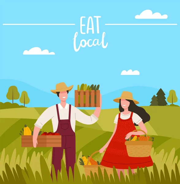 Vue campagne avec homme et femme agriculteur en chapeau de paille tenant caisse en bois et panier avec des légumes mûrs Illustration vectorielle — Image vectorielle