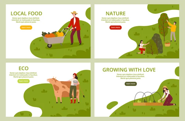 Ökologischer Landbau und lokale Lebensmittel Landing Page Template mit Landwirten Ernte und Anbau von Pflanzen und Vieh Vektor Set — Stockvektor