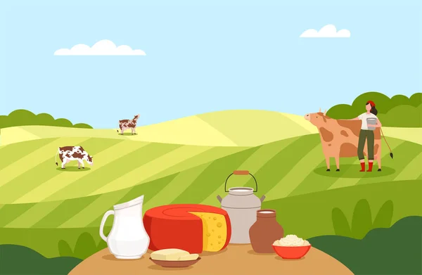 奶类产品与农家母猪抚育奶牛的乡村风光，以及用鲜奶病媒图解托起篮子 — 图库矢量图片