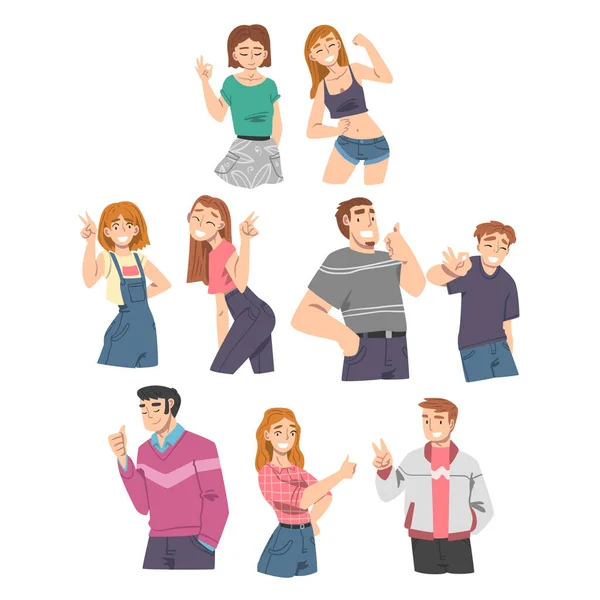 Smiling People Characters Showing Approving Gestures Like Fist Pump and Thumb Up Vector Illustration Set — Stock Vector