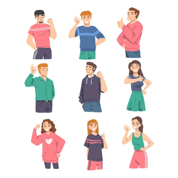 Smiling People Characters Showing Approving Gestures Like Fist Pump and Thumb Up Vector Illustration Set — Stock Vector