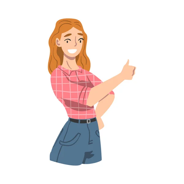 Smiling Female Showing Thumb Up Gesture as Approval or Agreement Sign Vector Illustration — Stock Vector