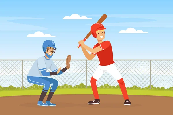 Personagem Jovem Jogando Baseball ou Bat-and-ball Jogo no Campo Vector Ilustração —  Vetores de Stock