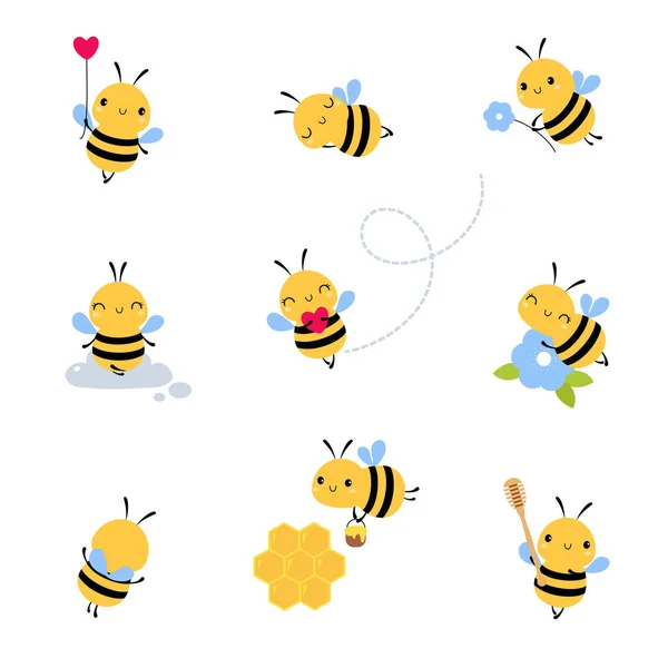 可爱的蜜蜂集，可爱的飞行昆虫卡通人物形象矢量图解 — 图库矢量图片