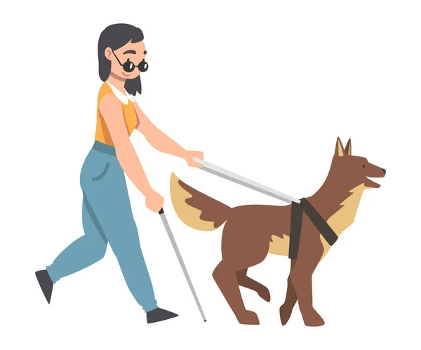 Blind meisje in bril wandelen met ziende oog hond aan de leiband, getraind dier helpen gehandicapte persoon, rehabilitatie, gehandicapte toegankelijkheid concept cartoon vector illustratie — Stockvector