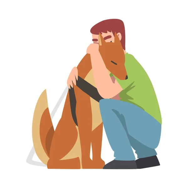 Blind Man Hugging his Seeing Eye Dog, Trained Animal Guiding Disabled Person, Rehabilitation, Handicapped Accessibility Concept Cartoon Vector Illustration — Stock Vector