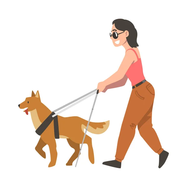 Het zien van Eye Dog Guiding Blind Woman in Glasses, Getraind Dier Helping Disabled Person Cartoon Vector Illustratie — Stockvector