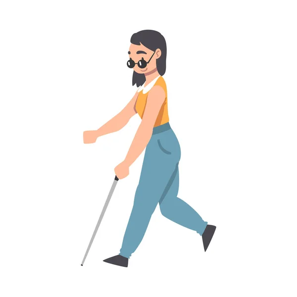 Τυφλή νεαρή γυναίκα σε γυαλιά βόλτα με τα πόδια από ζαχαροκάλαμο εικονογράφηση διάνυσμα κινουμένων σχεδίων — Διανυσματικό Αρχείο