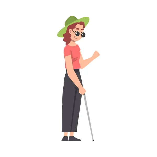 Blind Girl in Glasses with Walking Cane Cartoon Vector Εικονογράφηση — Διανυσματικό Αρχείο