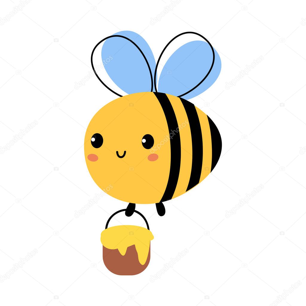 Adorable Bee Flying with Bucket Full of Honey, Cute Lovely Insect Character Cartoon Vector Illustration