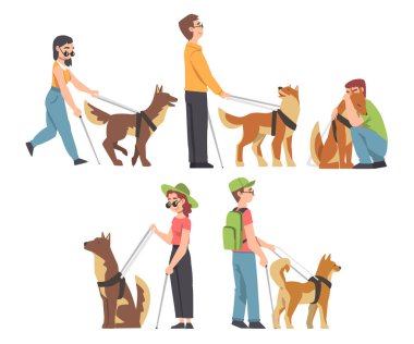 Leash Set 'te Gören Gözlü Köpekler ile Yürüyen Kör İnsanlar, Eğitimli Hayvan Yardım Etme Engellileri, Rehabilitasyon, Engelli Erişilebilirliği Çizgi Film Vektör İlülasyonu