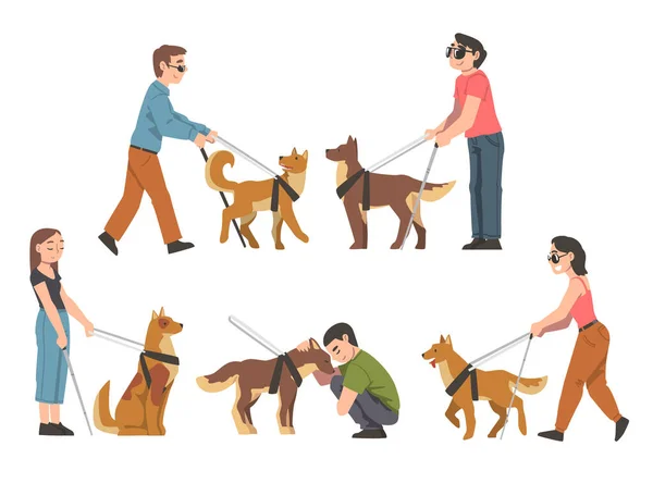 Бачачи, як собака скеровує сліпих людей встановлювати, треновані тварини допомагають інвалідам, реабілітація, інвалідність Картон Вектор Ілюстрація — стоковий вектор