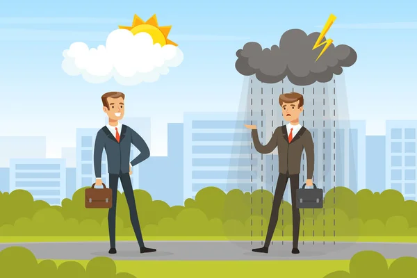 Successful and Unsuccessful Businessmen Standing on City Landscape, Business Failure, Work Mistake, Bankruptcy Concept Vector Illustration — Stock Vector