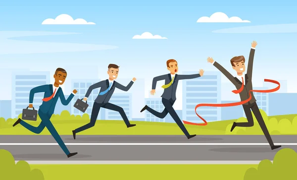 Gruppe von Geschäftsleuten, die bis zur Ziellinie laufen, Unternehmenswettbewerb, Führung, Weg zum Erfolg Vektor Illustration — Stockvektor