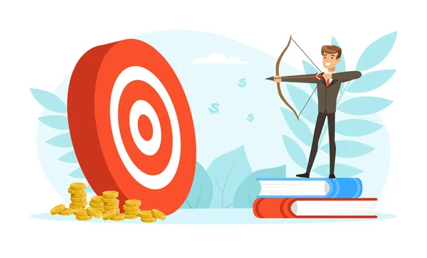 Successful Businessman Aiming the Target, Business Person Reaching for Target and Goal Vector Illustration — Stock Vector