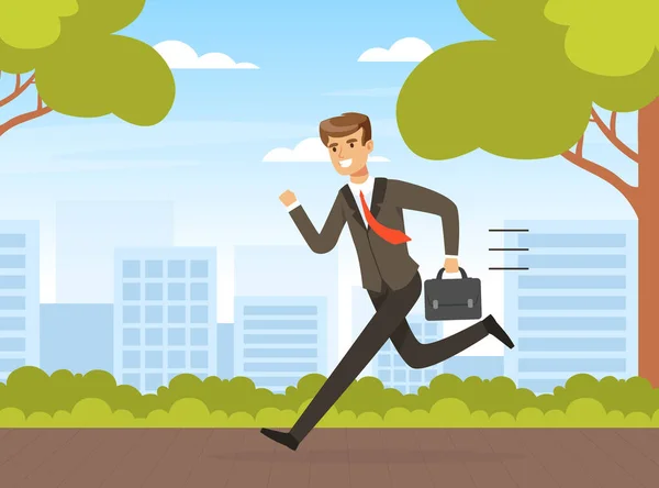 Businessman in Hurry Running with Briefcase Outdoors Vector Illustration — Stock Vector