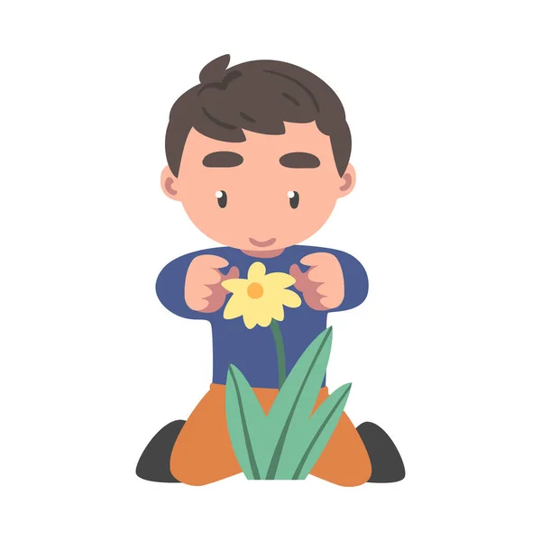 Niño curioso sentado cerca de florecer flor estudiar planta y explorar entorno Vector Ilustración — Vector de stock