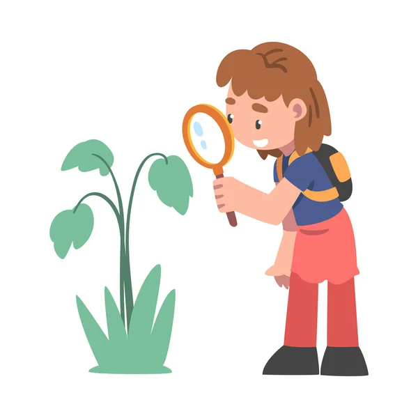 Neugieriges Mädchen mit Lupe Pflanzen studieren und Umwelt erkunden Vektor-Illustration — Stockvektor