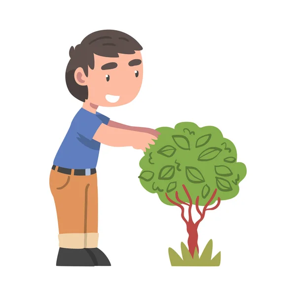 Menino curioso que está perto de crescer Bush verde estudando planta e explorando o ambiente Vector Ilustração —  Vetores de Stock