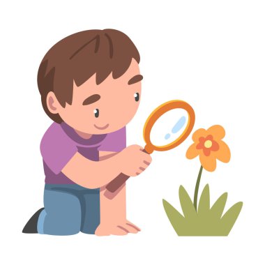 Büyüteçli Meraklı Çocuk Çiçek Açan Çiçek Çalışmasını İzliyor Çevre Vektörü Resimlerini Keşfediyor