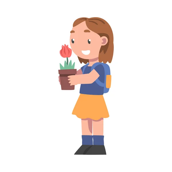 Ciekawa dziewczyna gospodarstwa garnek z kwitnącym kwiatem badania roślin i odkrywania środowiska wektor ilustracji — Wektor stockowy