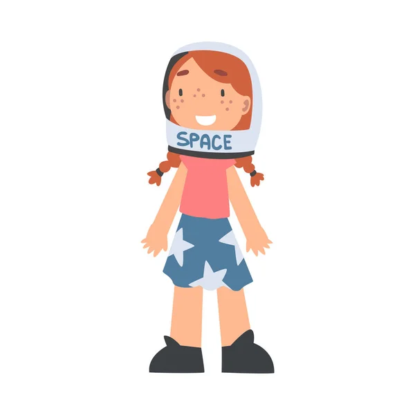 Smiling Girl Wearing Space Helmet Playing Pretending Being Astronaut Vector Illustration — Stock Vector