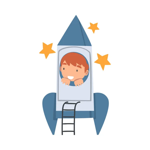 Mosolygó fiú játszik űrhajóval tettetve, hogy űrhajós vektor illusztráció — Stock Vector