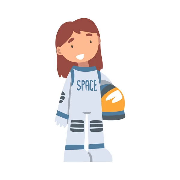 Smiling Girl Wearing Spacesuit Playing Pretending Being Astronaut Vector Illustration — Stock Vector