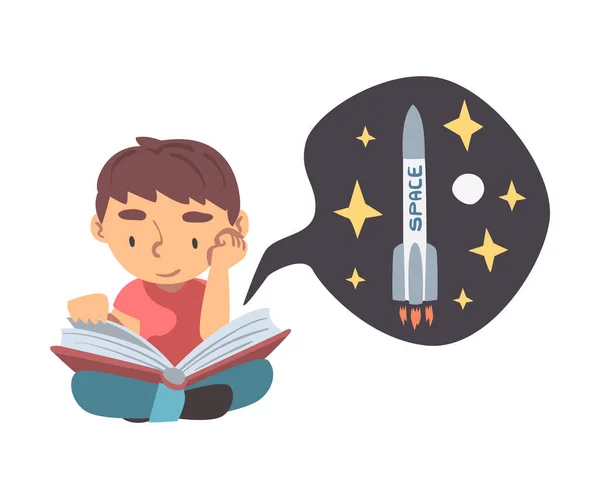 Curious Little Boy Reading Book about Solar Planets Studying Space and Galaxy Vector Illustration — Stock Vector