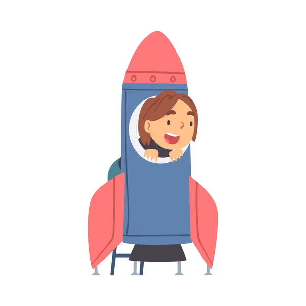 宇宙船で遊ぶ笑顔の女の子宇宙飛行士のふりベクトルイラスト — ストックベクタ