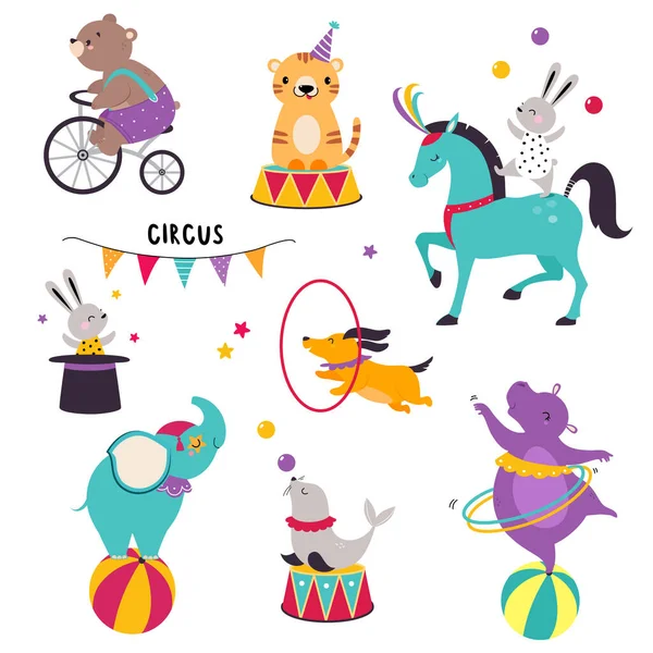 Cirkus zvířata provádět triky s mořským tele žonglování koule a hroch s Hula obruč vektor set — Stockový vektor