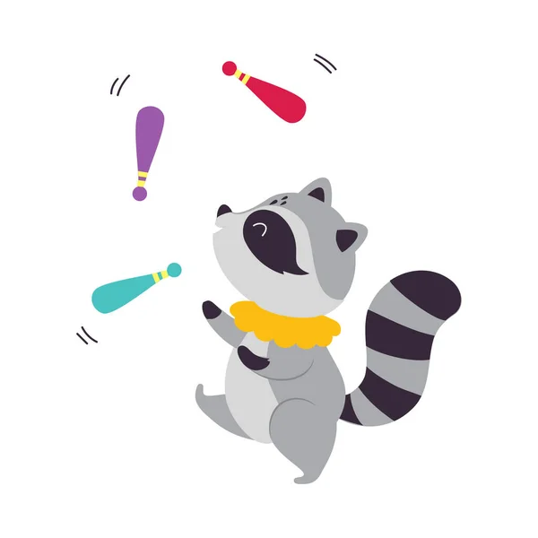 서커스 너구리 (Circus Raccoon Animal) Tail Juggling with Striped Tail Juggling with Bowling Pins performing Trick Vector Illustration — 스톡 벡터