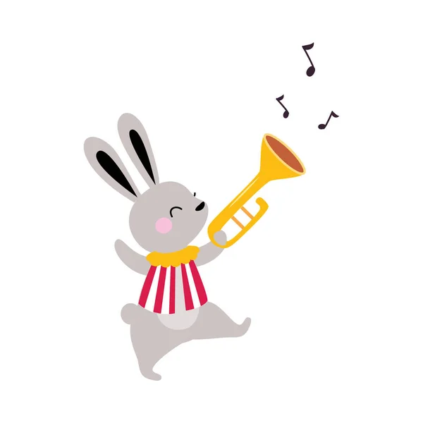 Sirk Tavşanı Hayvan Yürüyüşü ve Trompet Çalarken Trick Vector Illustration — Stok Vektör