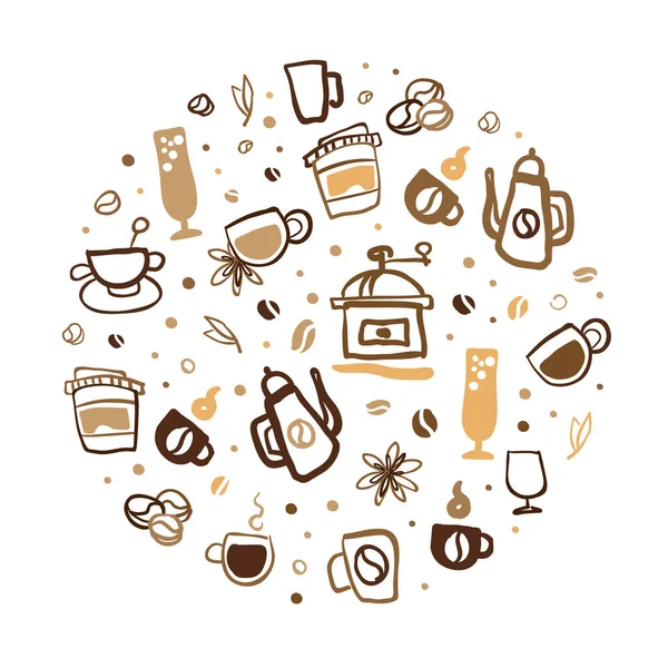 Modelo de banner de café, Cafeteria, Cartão de café, Cartão com bebidas de aroma Padrão sem costura de forma circular Ilustração vetorial — Vetor de Stock