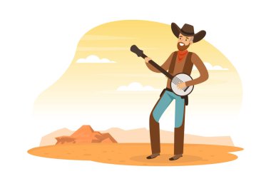 Kovboy Çölde Müzikal Enstrüman Çalıyor, Vahşi Batı Konsept Vektör İllüstrasyonu