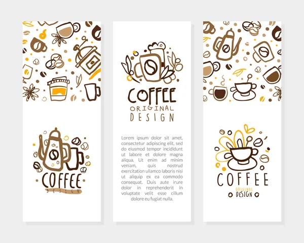 Kávékártya sablonok szövegszettel, kávézó, Cafe Banner, poszter, névjegykártya, Menü Page with Aroma Beverages Seamless Pattern Vector Illusztráció — Stock Vector