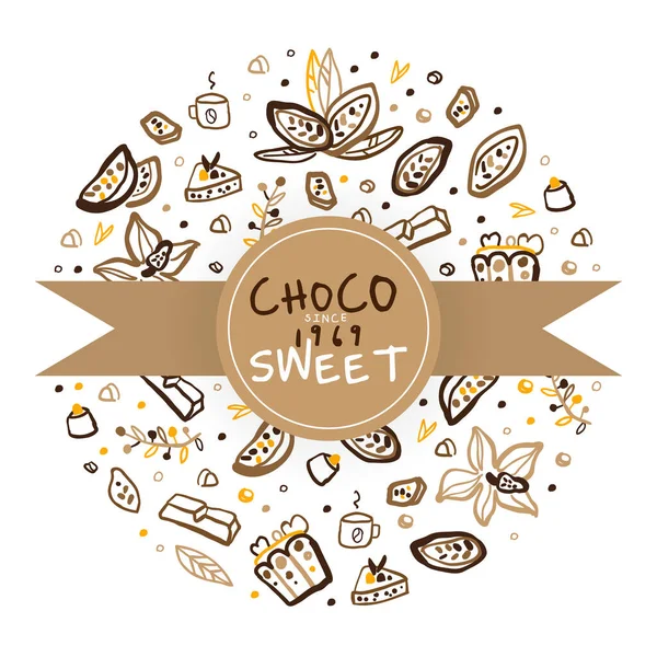 Schokolade süße Banner-Vorlage, leckere Desserts Poster, Karte, Flyer mit Kakaobohnen und Süßigkeiten nahtlose Muster handgezeichnete Vektorillustration — Stockvektor
