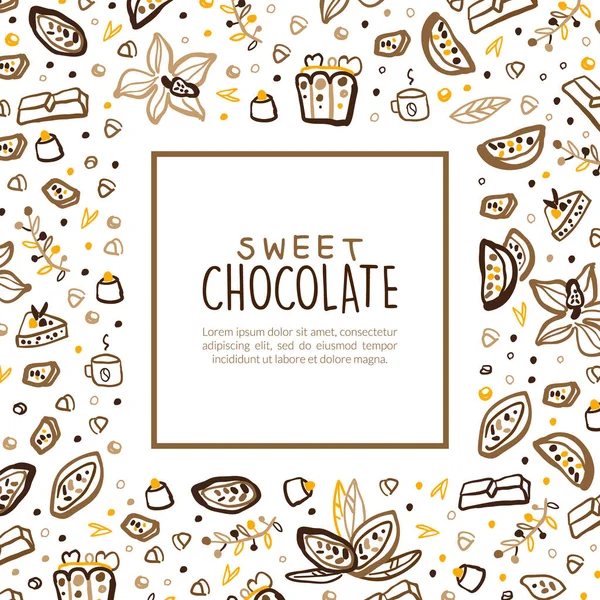 Süße Schokolade Banner-Vorlage mit Platz für Text, leckere Desserts Poster, Karte, Flyer mit Kakaobohnen und Süßigkeiten nahtlose Muster handgezeichnete Vektorillustration — Stockvektor