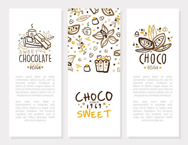 Söt Choklad Kort Mallar Original Design Set, Söta Desserter Broschyr, Broschyr, Banner med text vektor Illustration — Stock vektor