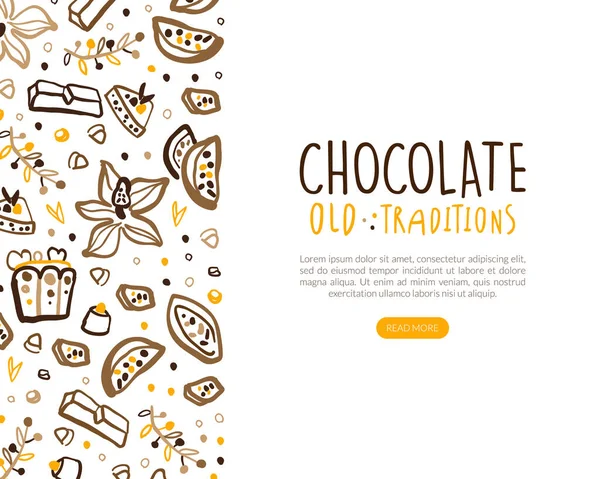 Schokolade Alte Traditionen Landing Page Template, Süße Desserts Website-Schnittstelle mit Kakaobohnen und Süßigkeiten Nahtlose Mustervektorillustration — Stockvektor