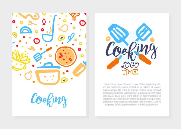 Matlagningstid Logotyp Design, Kulinarisk skola, Klass, Blog Flyer, Kort, Broschyr med köksredskap Utensil, Matlagning Ingredienser Mönster och utrymme för text vektor Illustration — Stock vektor