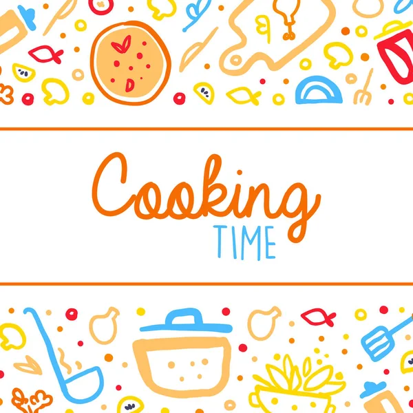 Banner de tiempo de cocina, Escuela culinaria, Cartel de clase de cocina, Tarjeta con utensilios de cocina Utensilios e ingredientes Patrón sin costura Vector Ilustración — Vector de stock