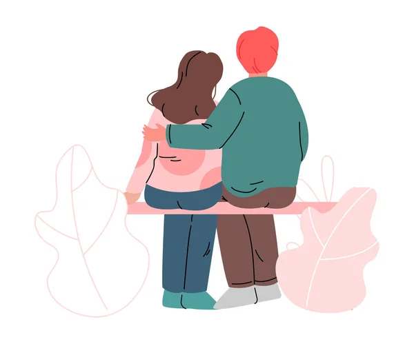 お互いを抱き合ってベンチに座っている幸せなロマンチックなカップル｜ベクトルイラスト — ストックベクタ