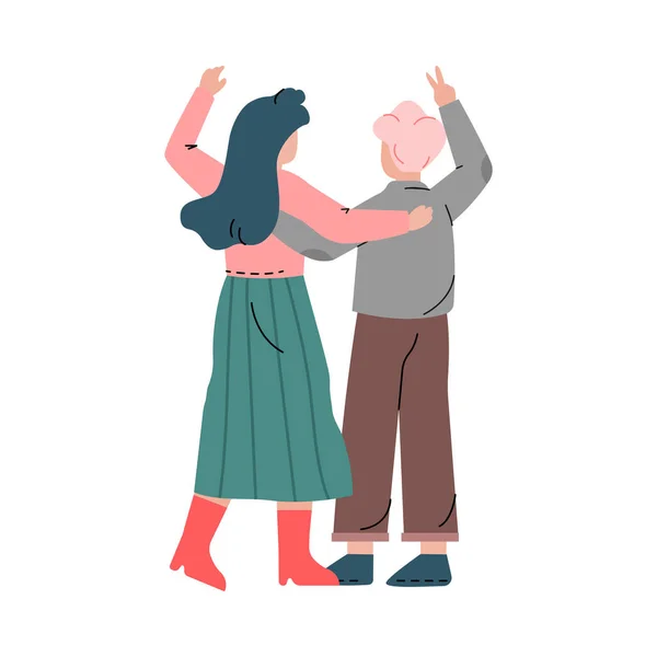 Casal romântico feliz andando abraçando uns aos outros Back View Vector Ilustração — Vetor de Stock
