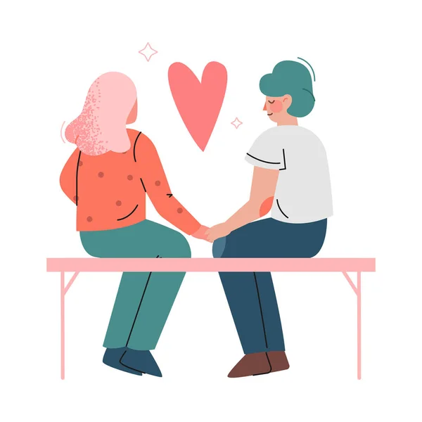 Счастливая романтическая пара сидит на скамейке, держа руки назад вид вектор иллюстрации — стоковый вектор