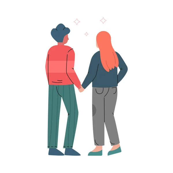 Happy Romantic Couple Walking Hand Back View Vector Illustration — Stockový vektor