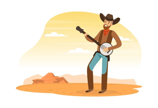 Cowboy tocando Banjo Instrumento Musical na Paisagem do Deserto, Wild West Concept Vector Illustration —  Vetores de Stock